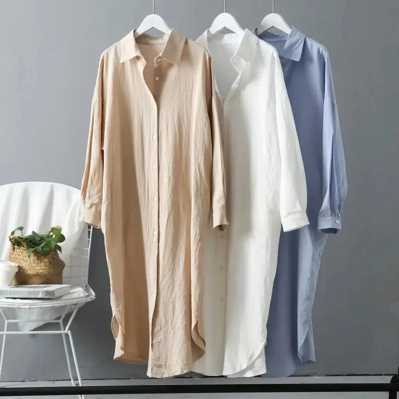 TAMBREET Polo-Neck Solid Casual Cotton Linen Long Sleeve X-Long Shirt Women's Blouse Shirt Korean Fashion Female Clothing Tops Spring