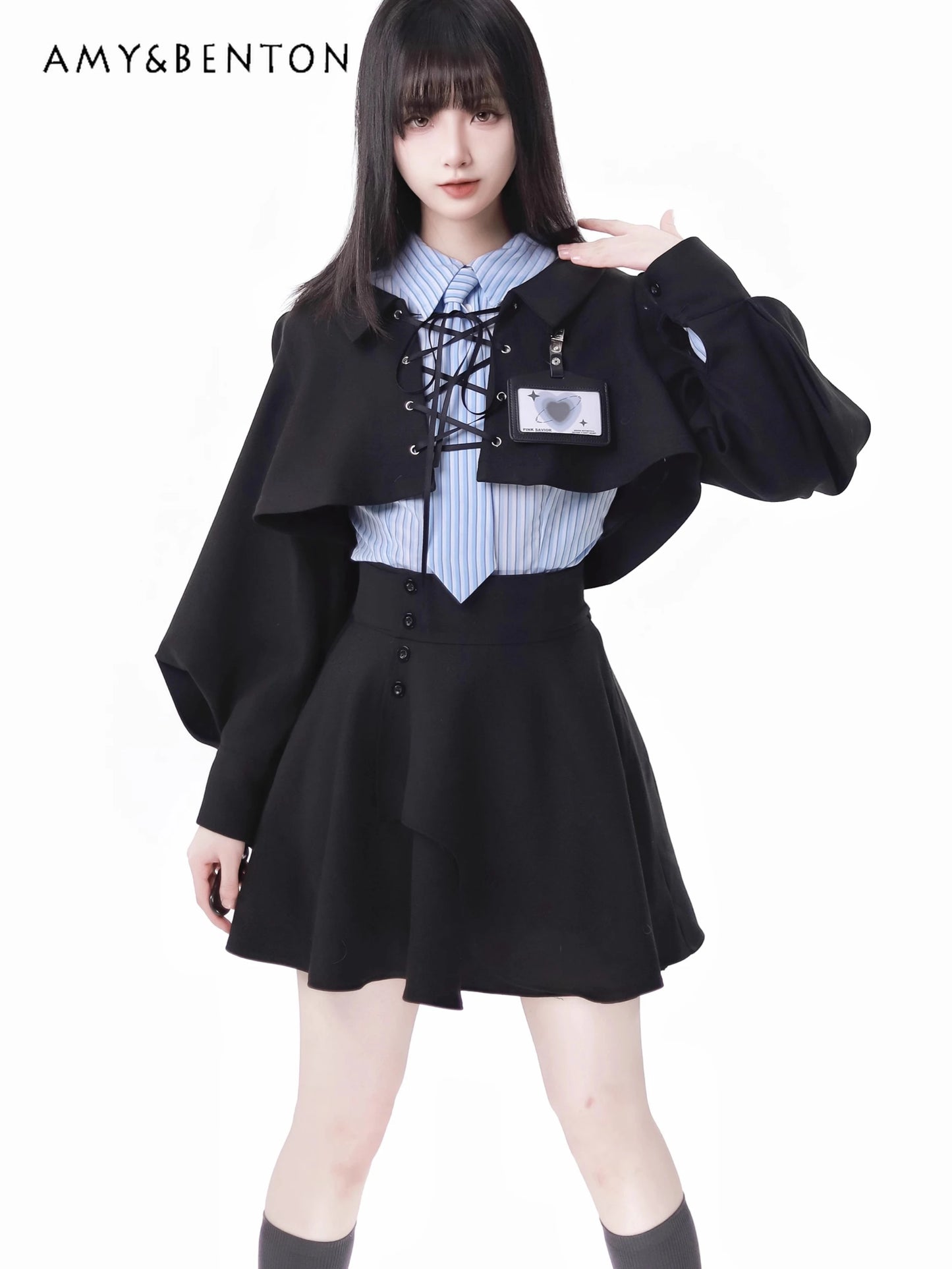 TAMBREET Preppy Style Harajuku Batwing Sleeve Coat Striped Shirt Mini Skirt Three-Piece Set Women Spring New Elegant OL Hot Girl Outfits