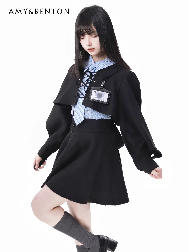 TAMBREET Preppy Style Harajuku Batwing Sleeve Coat Striped Shirt Mini Skirt Three-Piece Set Women Spring New Elegant OL Hot Girl Outfits