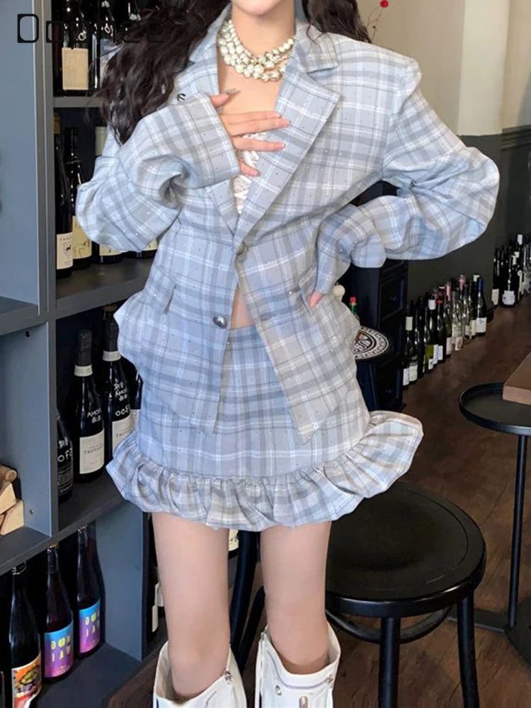 TAMBREET Preppy Style Hot Girl Elegant Outfit Spring and Autumn Women's Plaid Suit Coat Jacket High Waist Bud Short Skirts Two-Piece Set