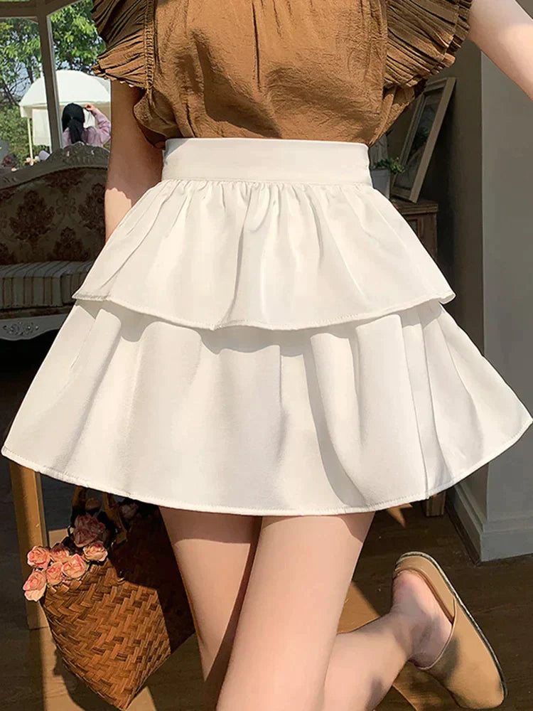 TAMBREET Preppy Style Ruffles Short Cake Skirts For Women 2024 High Waist Summer Ball Gown Casual Sweet Mini Skirts Female