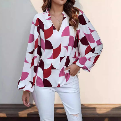 TAMBREET Print Blouses Women Shirt Office Lady V Neck Chic Tops Fashion Casual Geometry Pattern Long Sleeve Shirts Female 2025 New Spring