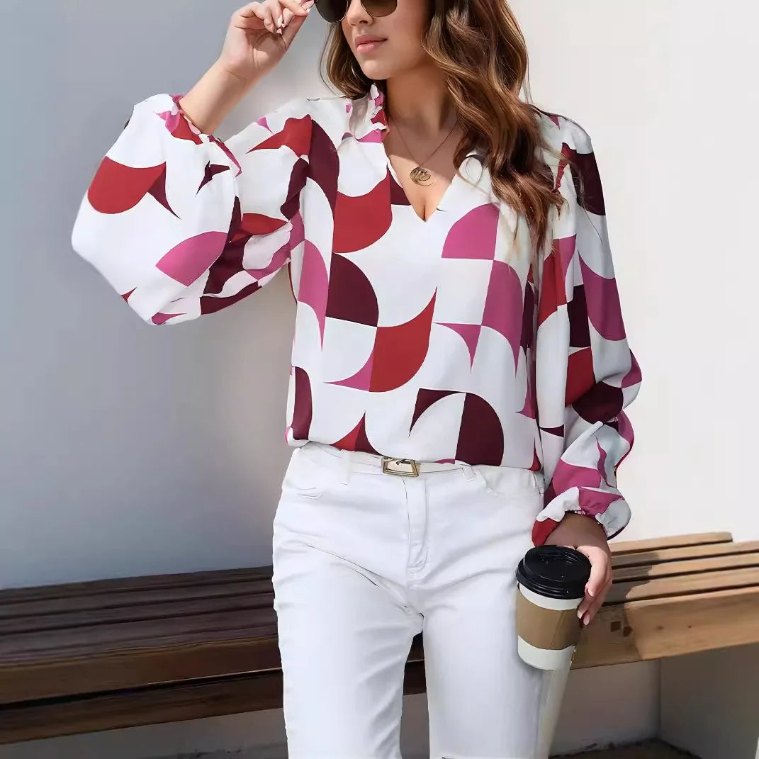 TAMBREET Print Blouses Women Shirt Office Lady V Neck Chic Tops Fashion Casual Geometry Pattern Long Sleeve Shirts Female 2025 New Spring