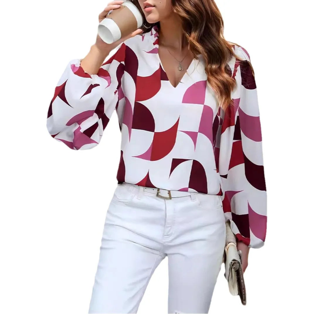 TAMBREET Print Blouses Women Shirt Office Lady V Neck Chic Tops Fashion Casual Geometry Pattern Long Sleeve Shirts Female 2025 New Spring