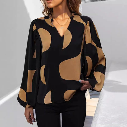 TAMBREET Print Blouses Women Shirt Office Lady V Neck Chic Tops Fashion Casual Geometry Pattern Long Sleeve Shirts Female 2025 New Spring