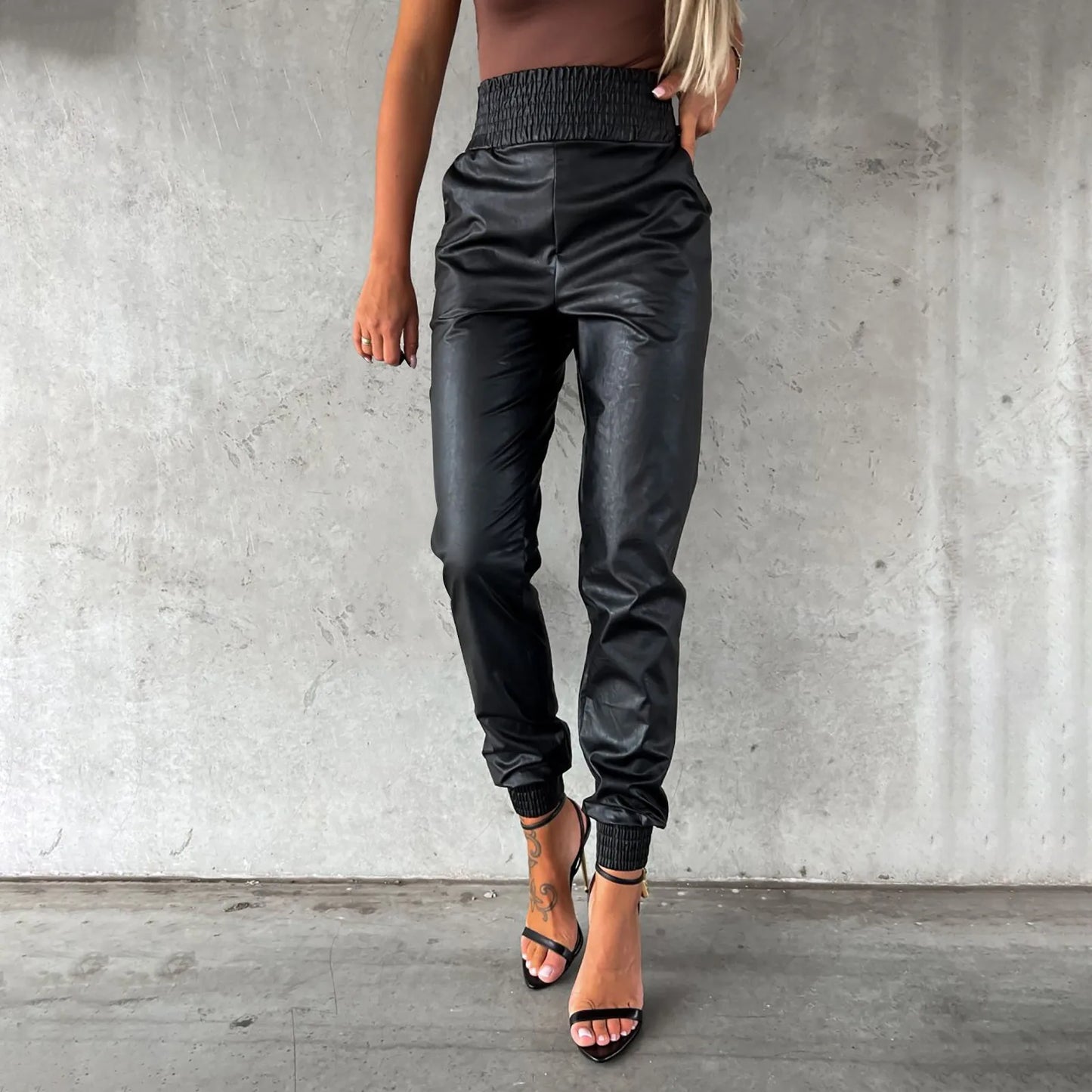 TAMBREET Punk PU Leather Pants With Faux Leather Lace up Pants Leather Leggings Pants for Women Push up Pant Button up Leather Pants