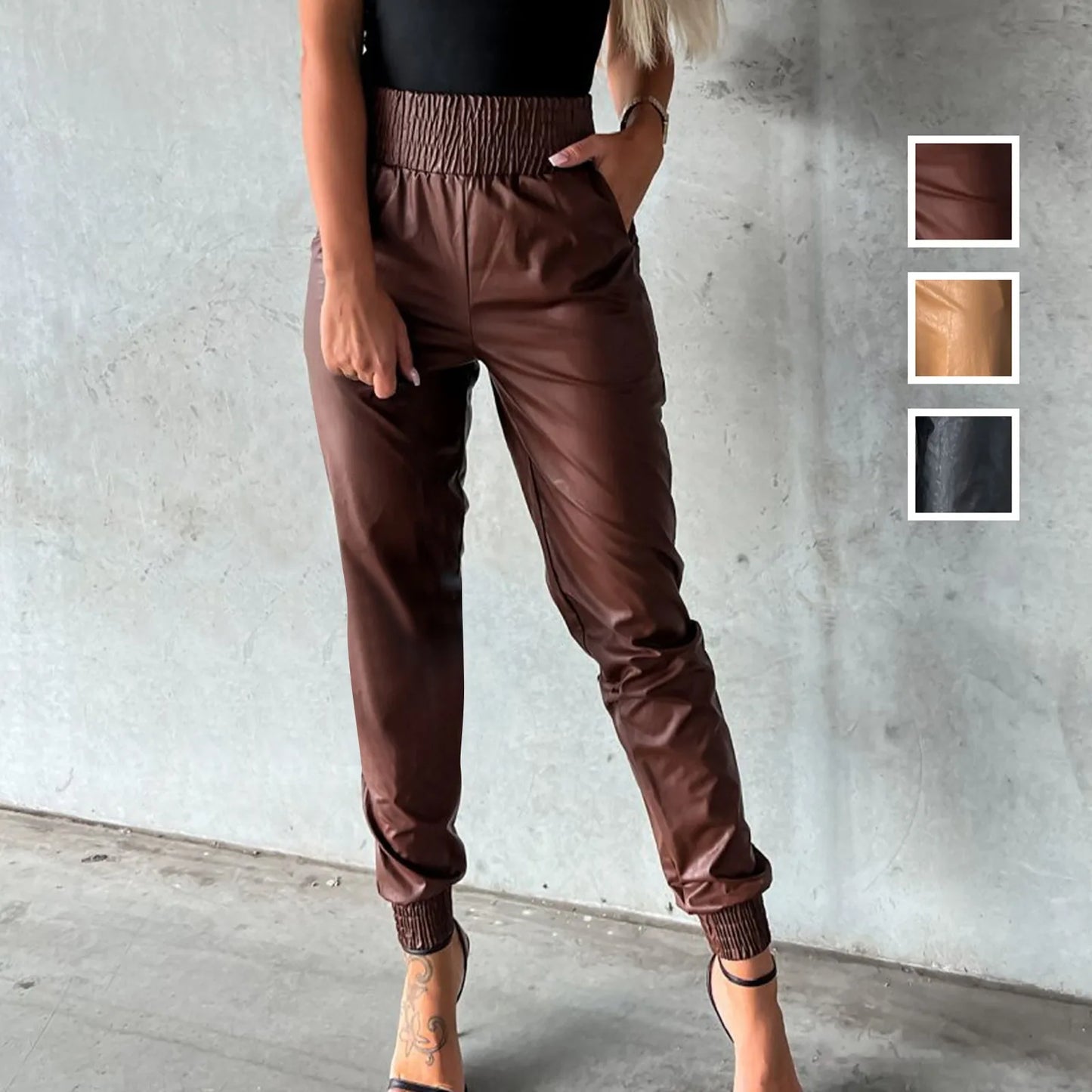 TAMBREET Punk PU Leather Pants With Faux Leather Lace up Pants Leather Leggings Pants for Women Push up Pant Button up Leather Pants