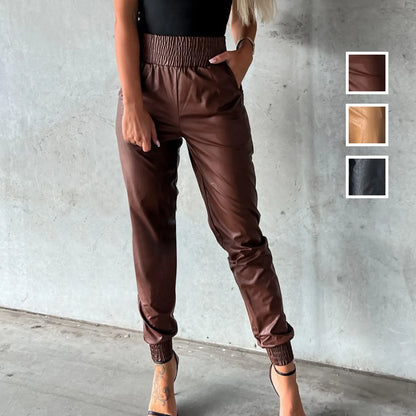 TAMBREET Punk PU Leather Pants With Faux Leather Lace up Pants Leather Leggings Pants for Women Push up Pant Button up Leather Pants