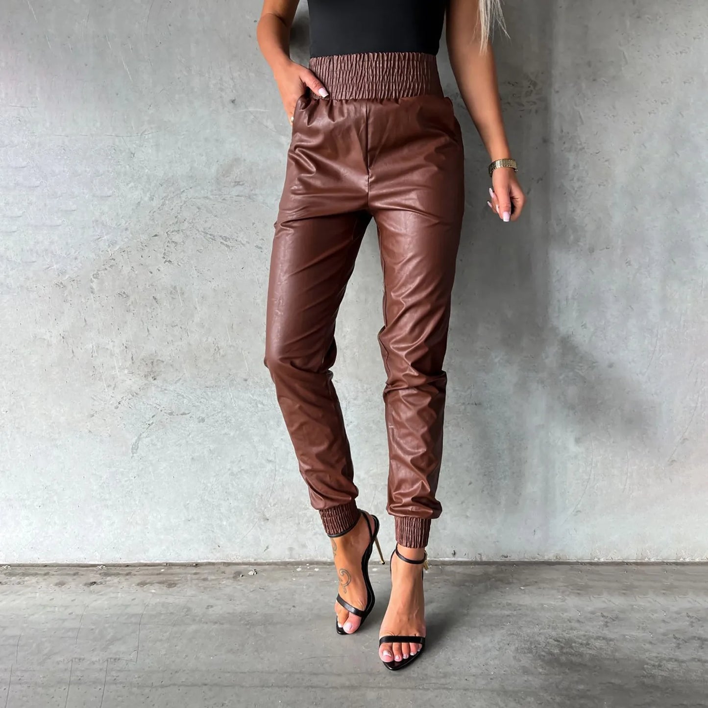 TAMBREET Punk PU Leather Pants With Faux Leather Lace up Pants Leather Leggings Pants for Women Push up Pant Button up Leather Pants