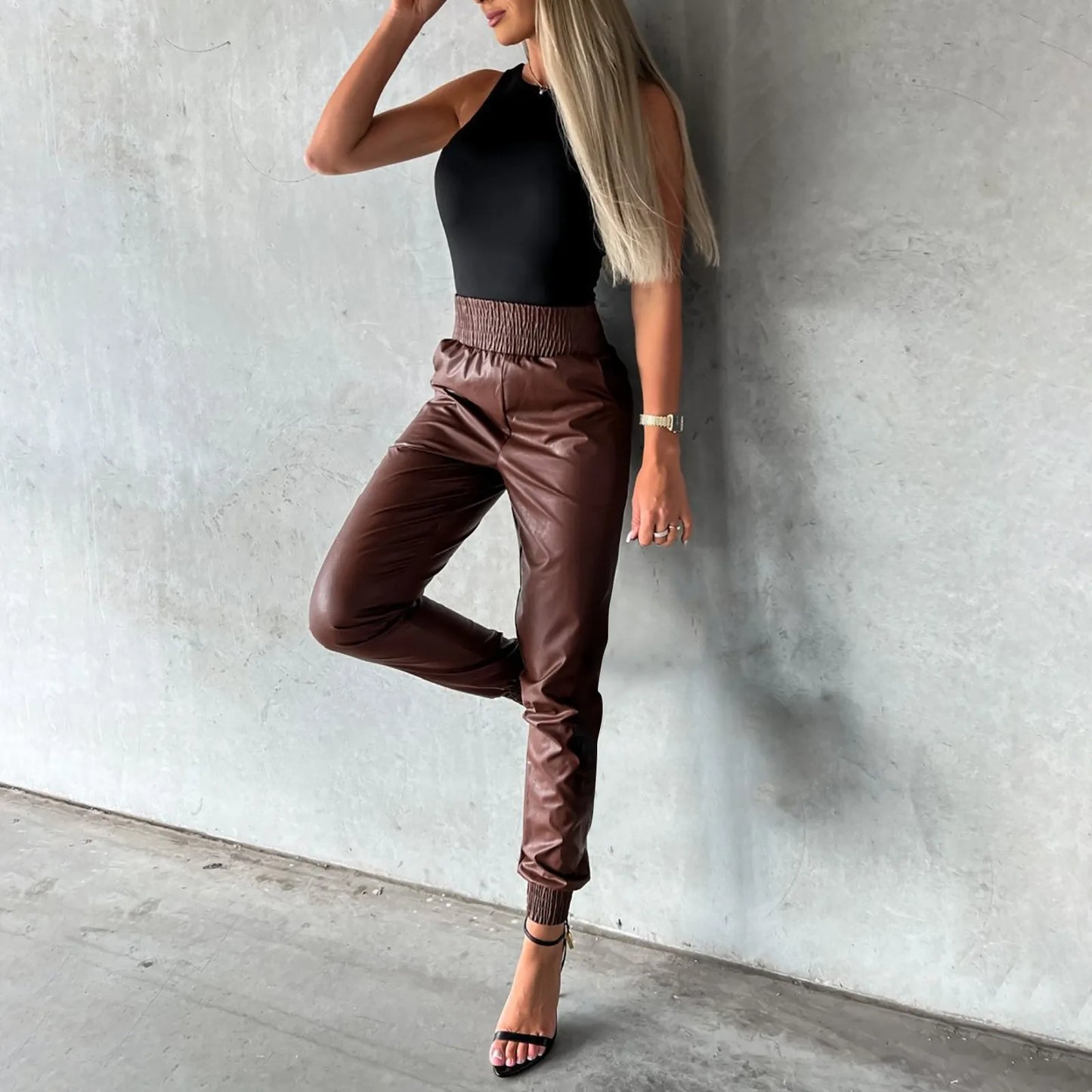 TAMBREET Punk PU Leather Pants With Faux Leather Lace up Pants Leather Leggings Pants for Women Push up Pant Button up Leather Pants