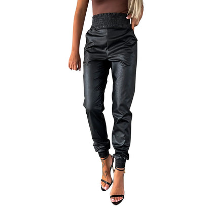 TAMBREET Punk PU Leather Pants With Faux Leather Lace up Pants Leather Leggings Pants for Women Push up Pant Button up Leather Pants