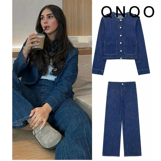 TAMBREET QNQO Sets for Women 2 Pieces Denim Pockets O-Neck Full Sleeve Jacket 2024 Streetwear New Fashion Straight High Waist Pants Sets