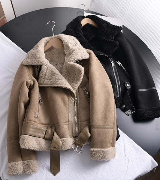 TAMBREET RARF Winter Women Thick Warm Suede Lamb Jacket Short Motorcycle Brown Coats Faux Shearling Sheepskin Leather Jackets Outwear