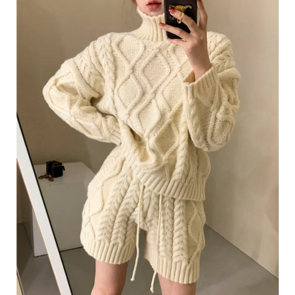 TAMBREET REALEFT Autumn Winter 2 Pieces Women's Sweater Outfits Long Sleeve Turtleneck Sweater and Knit Shorts Pants Female Suits