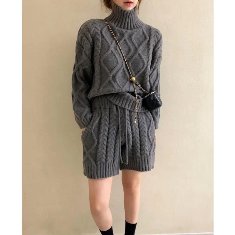 TAMBREET REALEFT Autumn Winter 2 Pieces Women's Sweater Outfits Long Sleeve Turtleneck Sweater and Knit Shorts Pants Female Suits