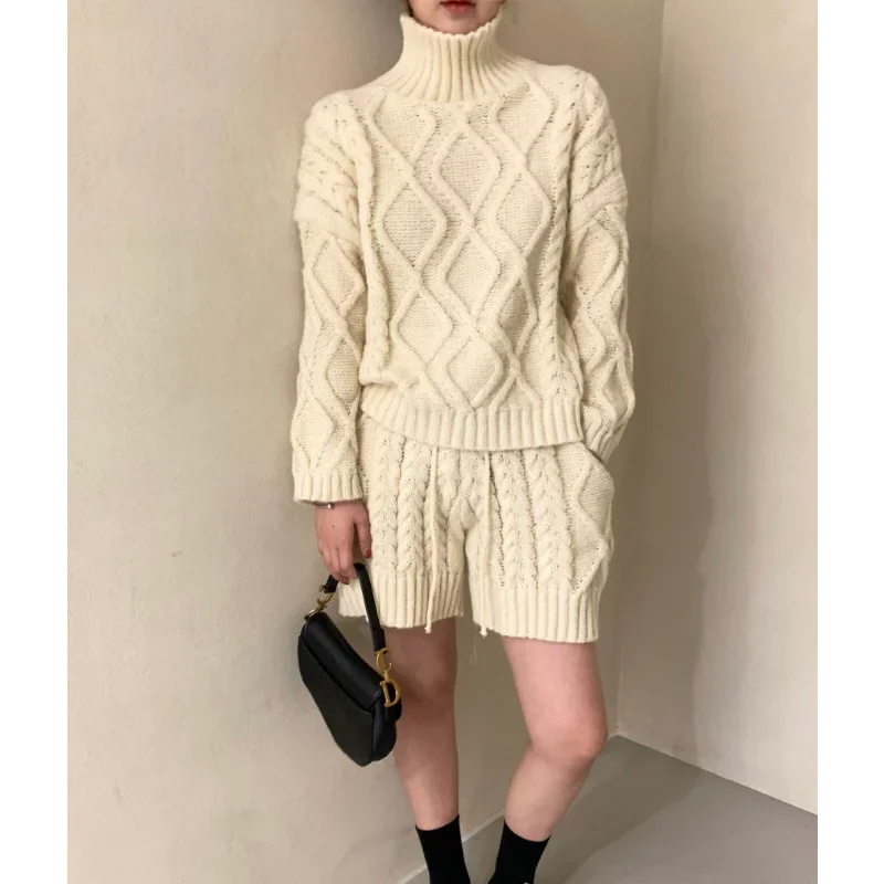 TAMBREET REALEFT Autumn Winter 2 Pieces Women's Sweater Outfits Long Sleeve Turtleneck Sweater and Knit Shorts Pants Female Suits