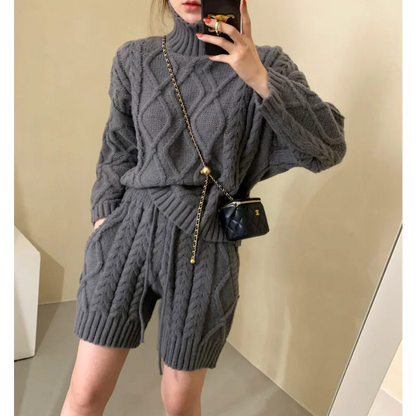 TAMBREET REALEFT Autumn Winter 2 Pieces Women's Sweater Outfits Long Sleeve Turtleneck Sweater and Knit Shorts Pants Female Suits