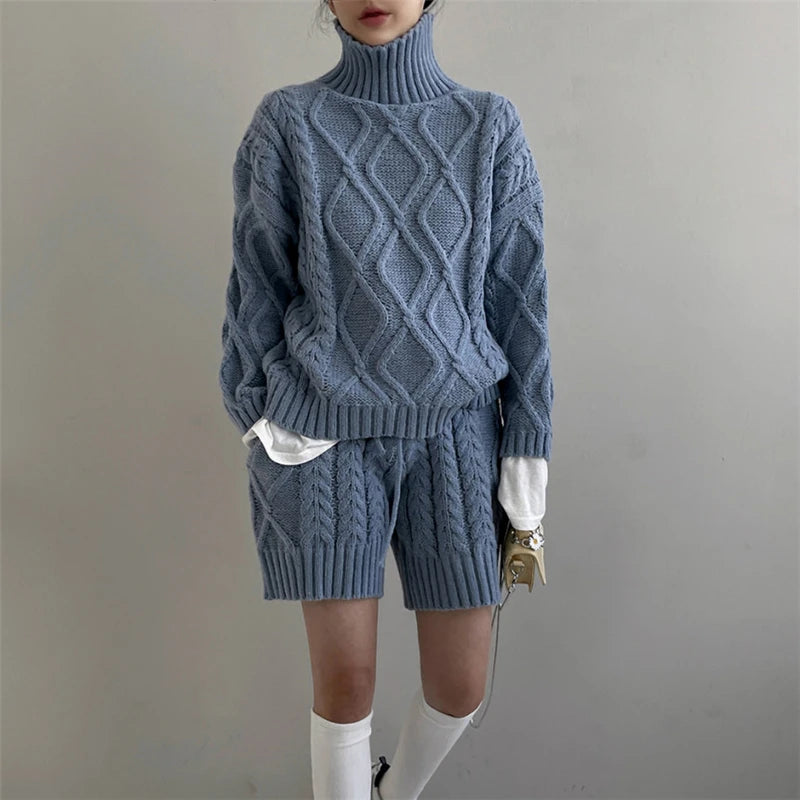 TAMBREET REALEFT Autumn Winter 2 Pieces Women's Sweater Outfits Long Sleeve Turtleneck Sweater and Knit Shorts Pants Female Suits