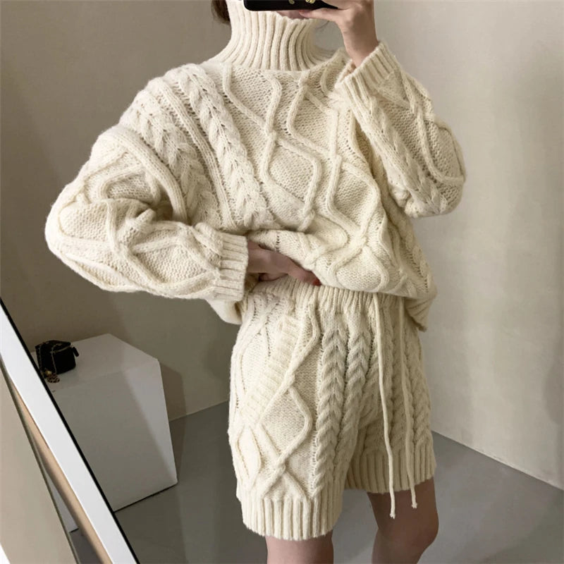 TAMBREET REALEFT Autumn Winter 2 Pieces Women's Sweater Outfits Long Sleeve Turtleneck Sweater and Knit Shorts Pants Female Suits