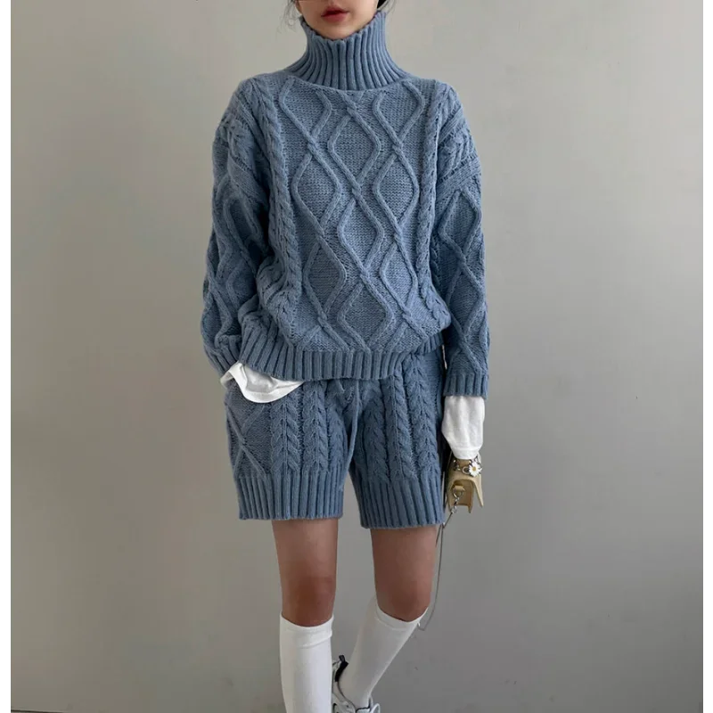 TAMBREET REALEFT Autumn Winter 2 Pieces Women's Sweater Outfits Long Sleeve Turtleneck Sweater and Knit Shorts Pants Female Suits