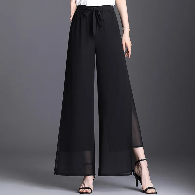 TAMBREET Red Summer Chiffon High Waist Wide Leg Pants Women's Double Layer Split Wide Leg Pants Swing Pants Dance Pants Loose Pants M-5XL