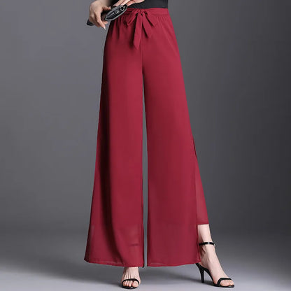 TAMBREET Red Summer Chiffon High Waist Wide Leg Pants Women's Double Layer Split Wide Leg Pants Swing Pants Dance Pants Loose Pants M-5XL