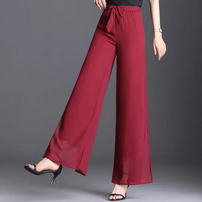 TAMBREET Red Summer Chiffon High Waist Wide Leg Pants Women's Double Layer Split Wide Leg Pants Swing Pants Dance Pants Loose Pants M-5XL