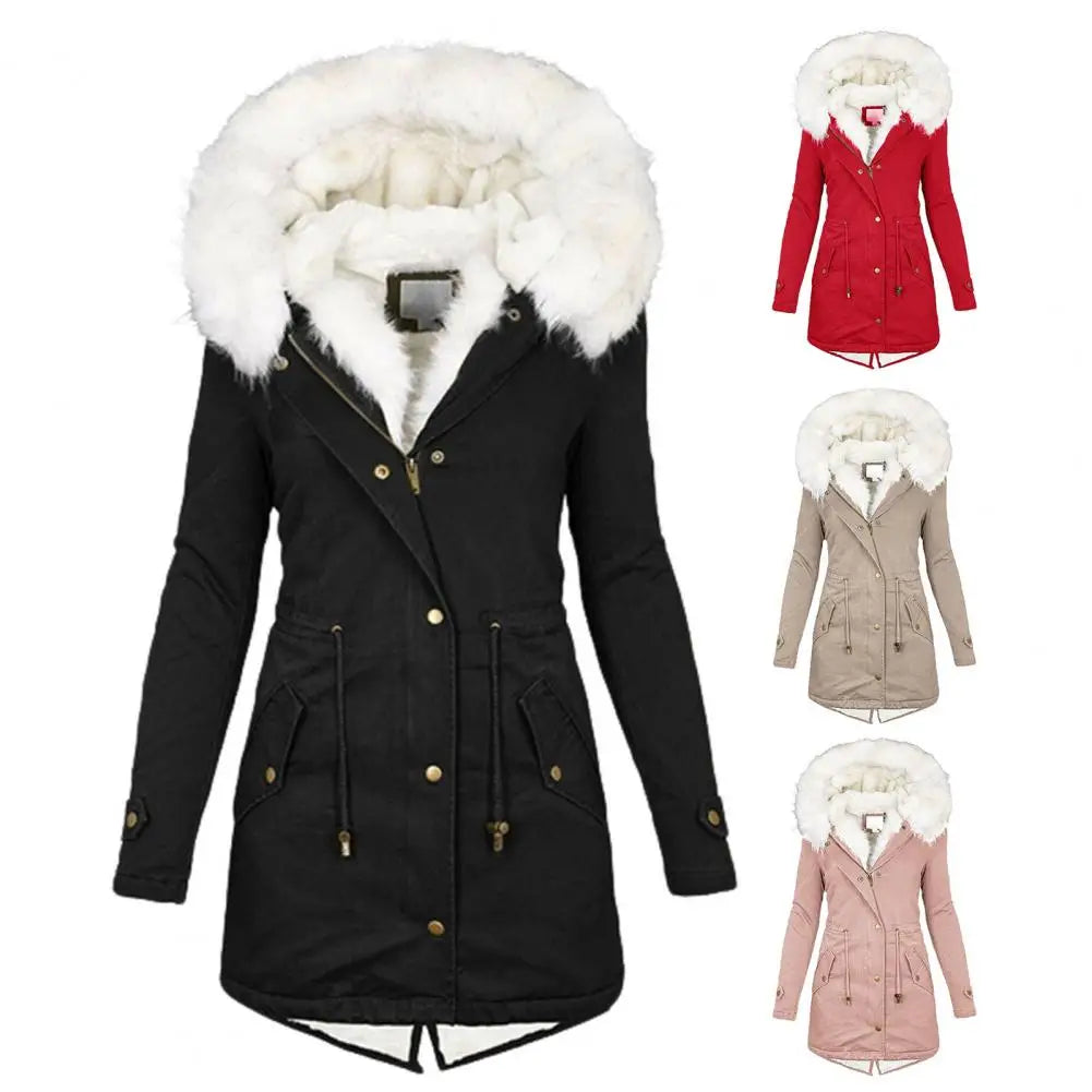 TAMBREET Removal Faux Fur Collar Women Coat Waist Drawstring Zipper Hooded Jacket Button Closure Lady Outwear Back Split Pocket Lady Coat