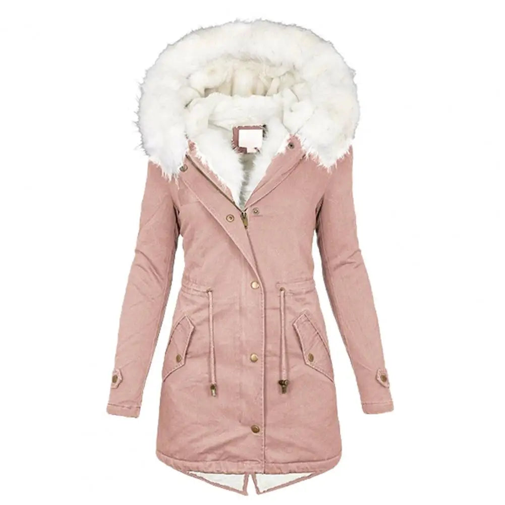 TAMBREET Removal Faux Fur Collar Women Coat Waist Drawstring Zipper Hooded Jacket Button Closure Lady Outwear Back Split Pocket Lady Coat