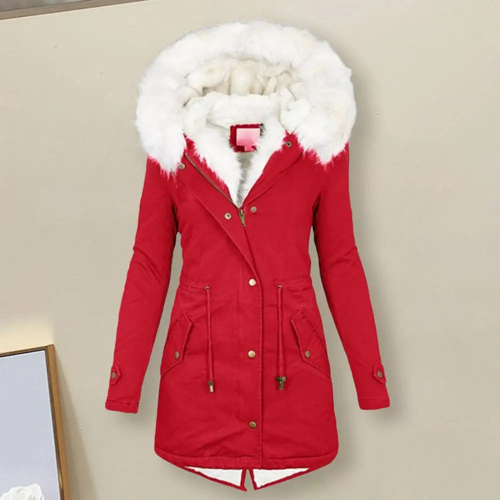 TAMBREET Removal Faux Fur Collar Women Coat Waist Drawstring Zipper Hooded Jacket Button Closure Lady Outwear Back Split Pocket Lady Coat