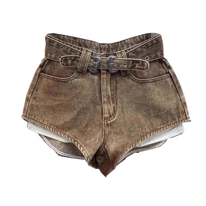 TAMBREET Retro Brown Shorts with A Cut Waistband High Waist Personalized Fashion Wide Leg Hot Pants Shorts Women