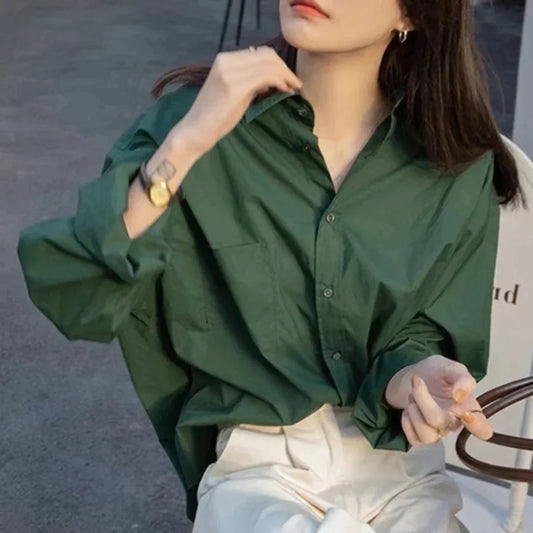 TAMBREET Retro Green Blouse Ladies spring new lazy long-sleeved shirt Korean Style Women's Clothes Tops Casual Female Solid Simple Wear