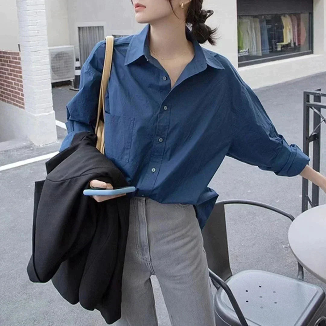 TAMBREET Retro Green Blouse Ladies spring new lazy long-sleeved shirt Korean Style Women's Clothes Tops Casual Female Solid Simple Wear