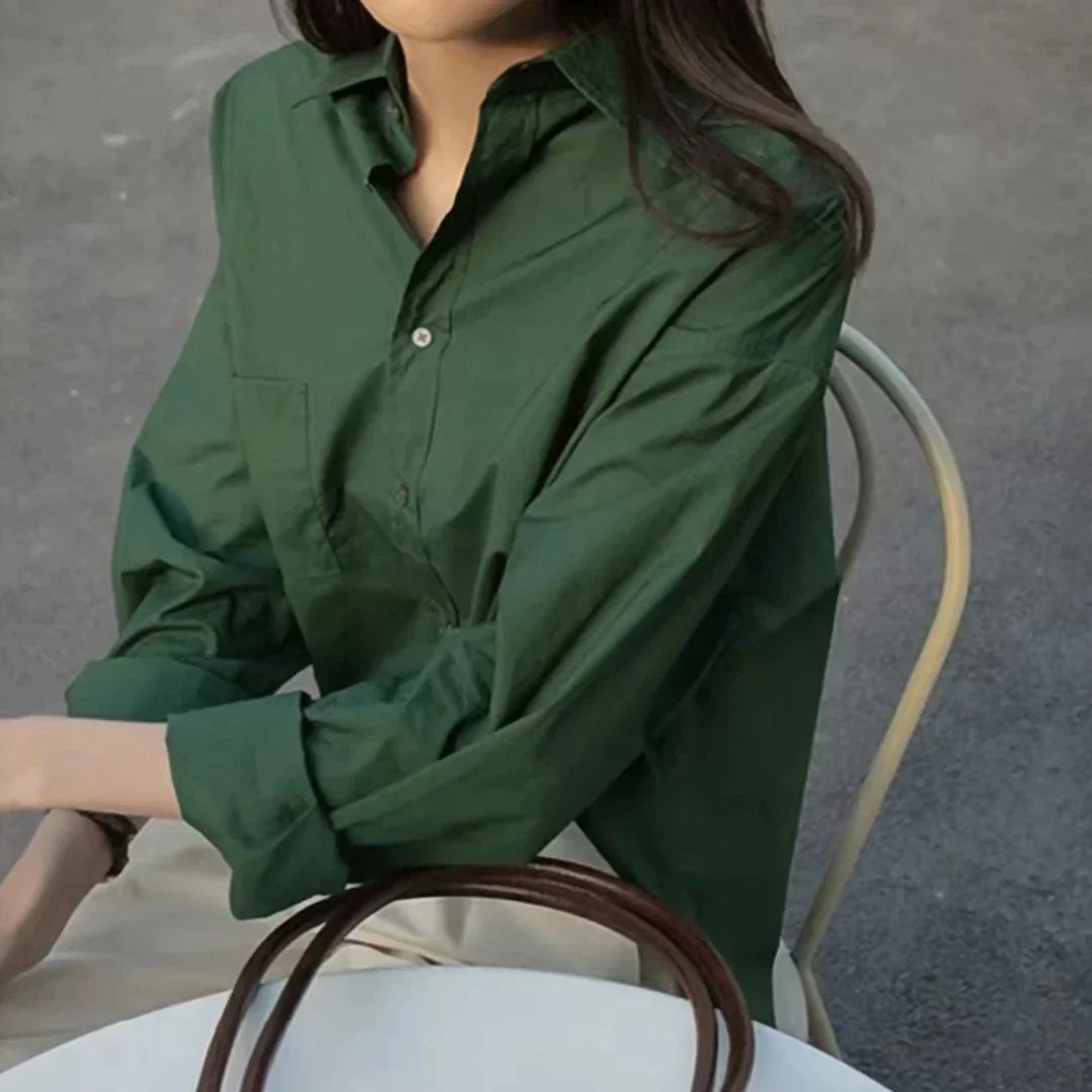 TAMBREET Retro Green Blouse Ladies spring new lazy long-sleeved shirt Korean Style Women's Clothes Tops Casual Female Solid Simple Wear