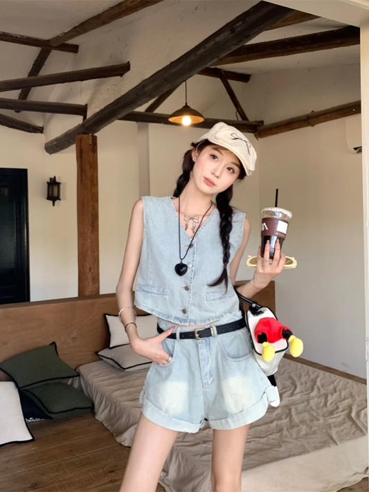 TAMBREET Retro Summer New Women Two Piece Sets Sexy Hot Girls Denim Short Vest Tops + High Waist Wide Leg Shorts Female Outfit Streetwear