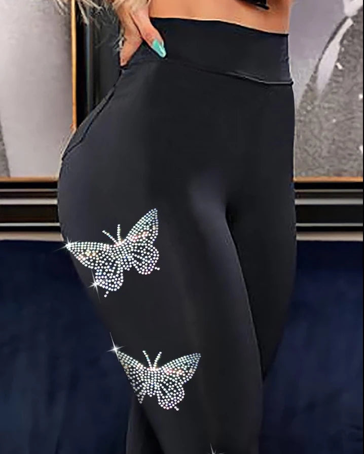 TAMBREET Rhinestone Butterfly Pattern High Waist Skinny Pants Personality Europe and America Fashion Women's Clothing 2022