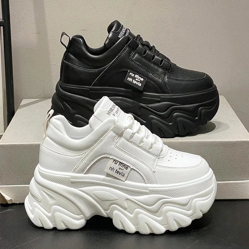 TAMBREET Rimocy White Black Chunky Sneakers Women Spring Autumn Thick Bottom Dad Shoes Woman Fashion PU Leather Platform Sneakers Ladies