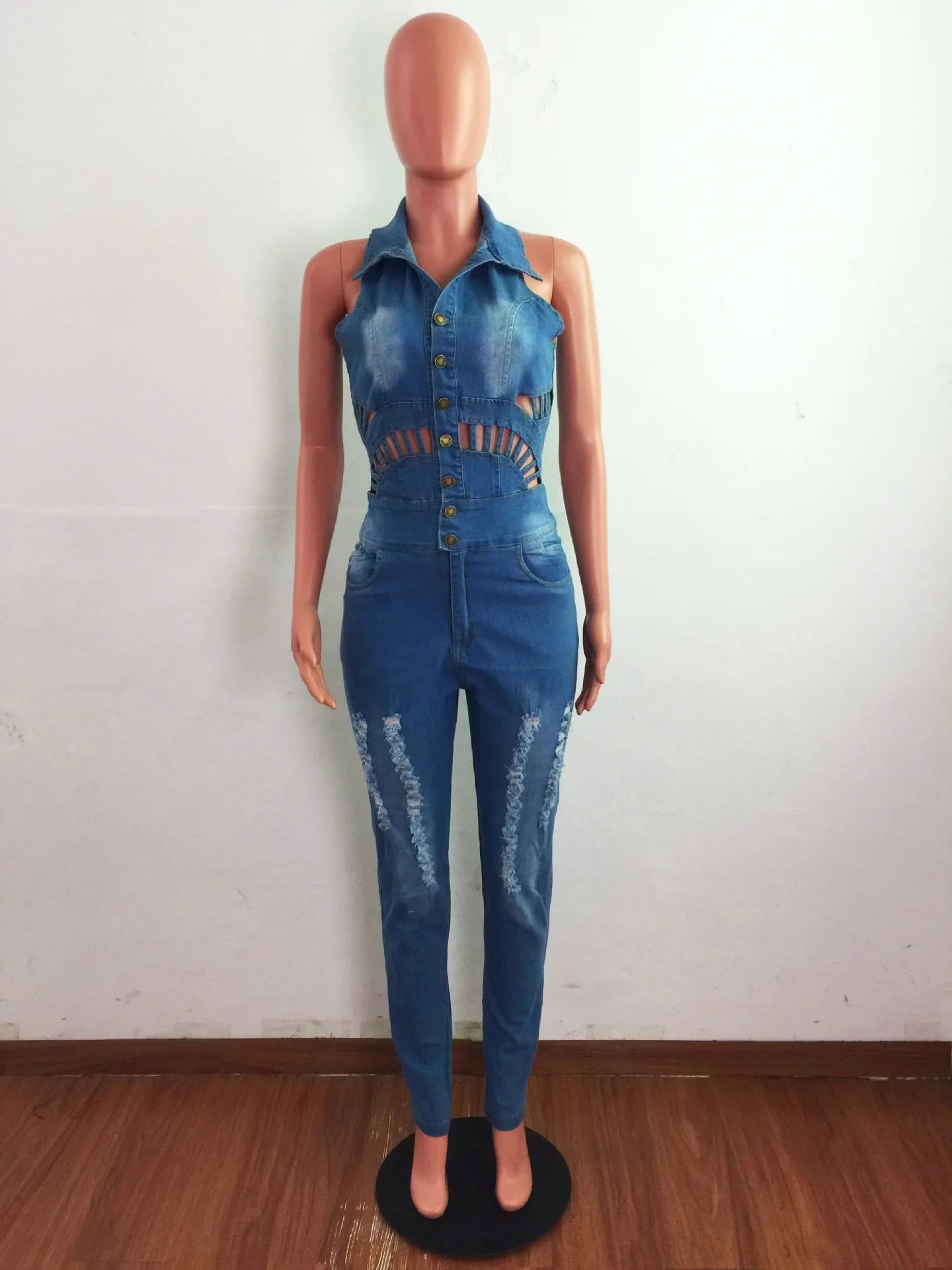 TAMBREET Ripped Denim Romper Sexy Women Turn Down Collar Elegant Blue Jeans Pencil Overalls Jumpsuit