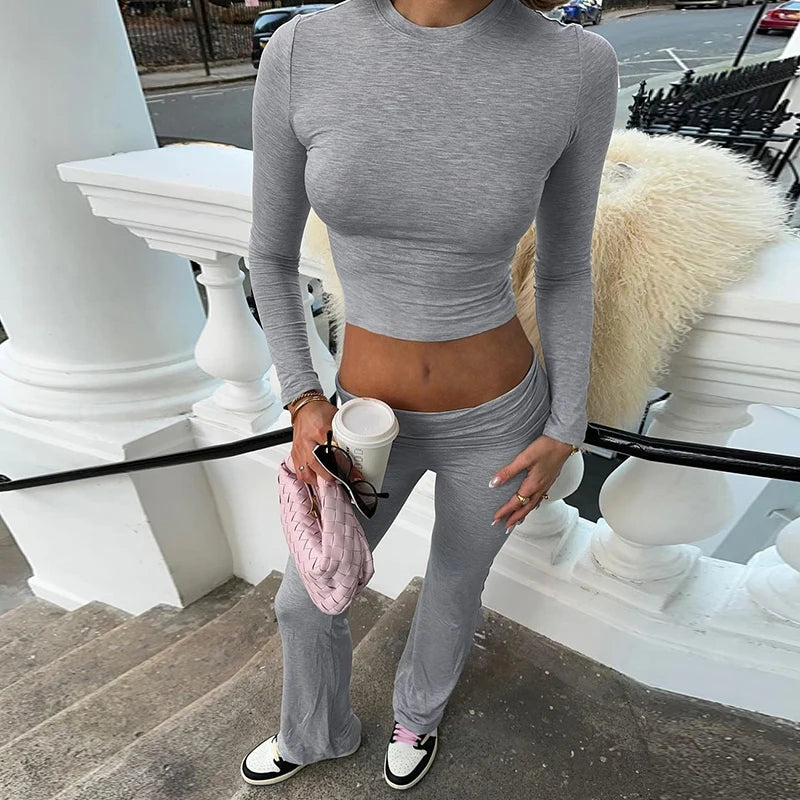 TAMBREET Rockmore Casual Minimalist Solid Women's Long Sleeve Crew Neck T Shirts Low Waist Pants Sets Comfy Breathable Two Piece Outfits