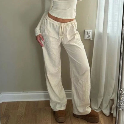 TAMBREET Rockmore Cotton Linen Drawstring Straight-leg Pants Coquette Y2K Aesthetics  Wide Leg Trousers Fashion Solid Harajuku Women