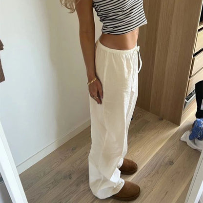 TAMBREET Rockmore Cotton Linen Drawstring Straight-leg Pants Coquette Y2K Aesthetics  Wide Leg Trousers Fashion Solid Harajuku Women