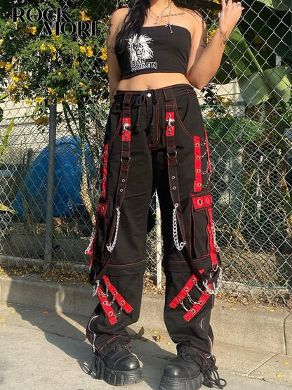 TAMBREET Rockmore Women Cargo Pants with Chain Fashion Harem Pants Punk Pockets Jogger Baggy Trousers Hip Hop Low Waist Streetwear Grunge