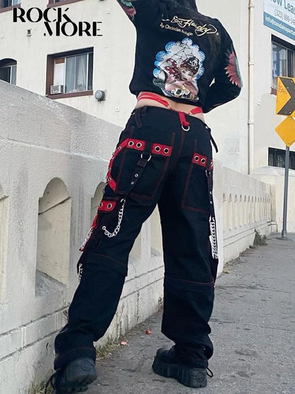 TAMBREET Rockmore Women Cargo Pants with Chain Fashion Harem Pants Punk Pockets Jogger Baggy Trousers Hip Hop Low Waist Streetwear Grunge