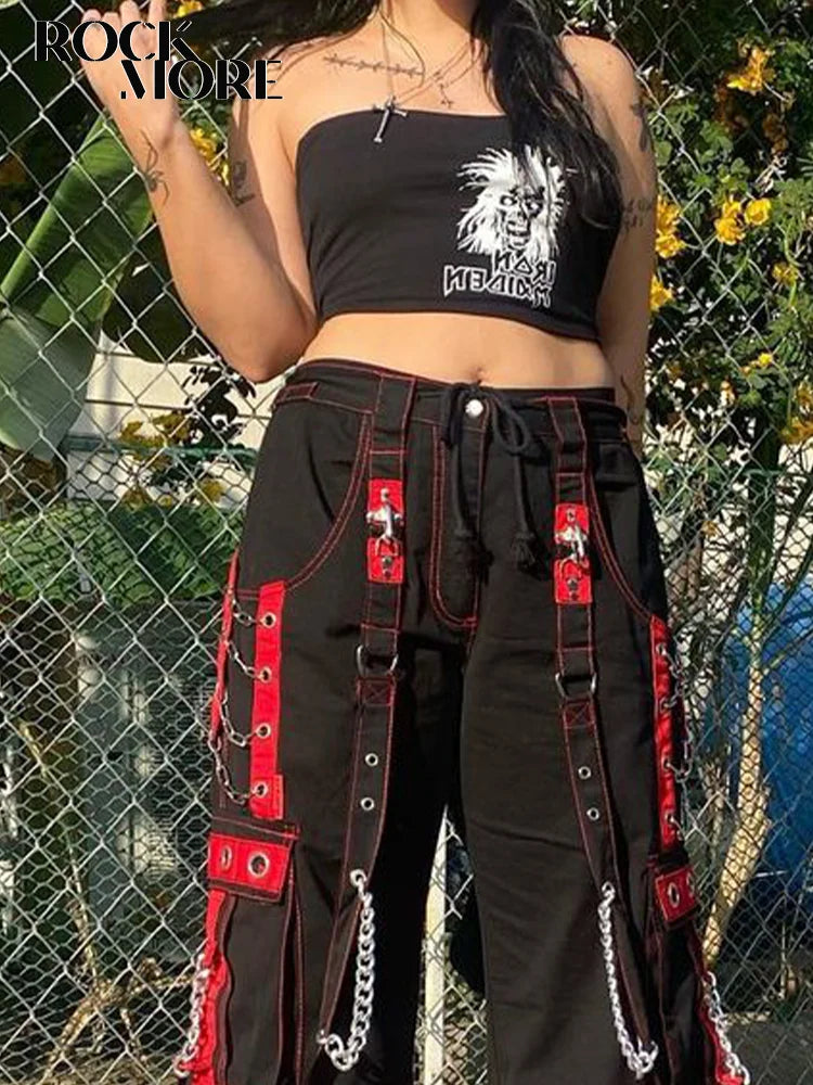 TAMBREET Rockmore Women Cargo Pants with Chain Fashion Harem Pants Punk Pockets Jogger Baggy Trousers Hip Hop Low Waist Streetwear Grunge