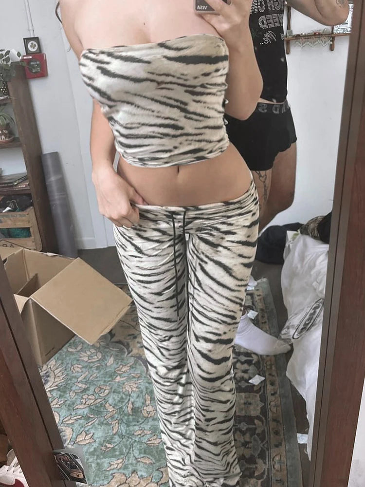 TAMBREET Rockmore Zebra Striped Women's Low Waist Flare Pants Skinny Elastic Casual Print Fashion y2k Outfits Streetwear Trouser Harajuku