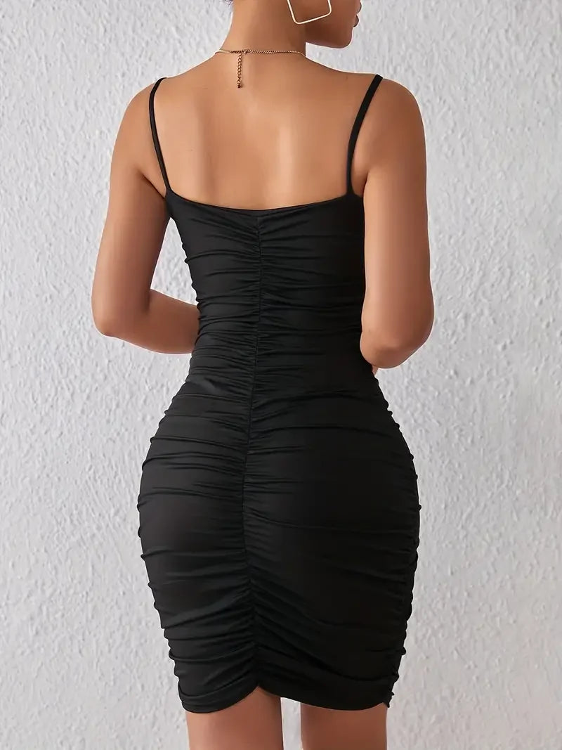 TAMBREET Ruched Bodycon Spaghetti Dress, Sexy Backless V-neck Cami Dress, Women's Clothing