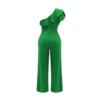 TAMBREET Ruffle One Shoulder Jumpsuit, Elegant Solid jumpsuit For Spring &Summer, women's Clothing