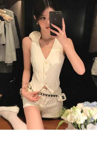 TAMBREET Sweet Hot Girl Casual Suit Women's Summer V-neck Single Breasted Vest High Waisted Shorts Two-piece Set Fashion Female Clothes