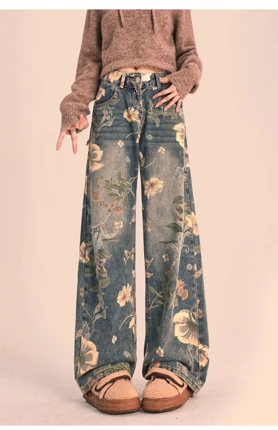 TAMBREET HOUZHOU Y2K Floral Printed Jeans for Women Harajuku High Waisted Denim Pants Female Retro Loose Casual Streetwear Trousers