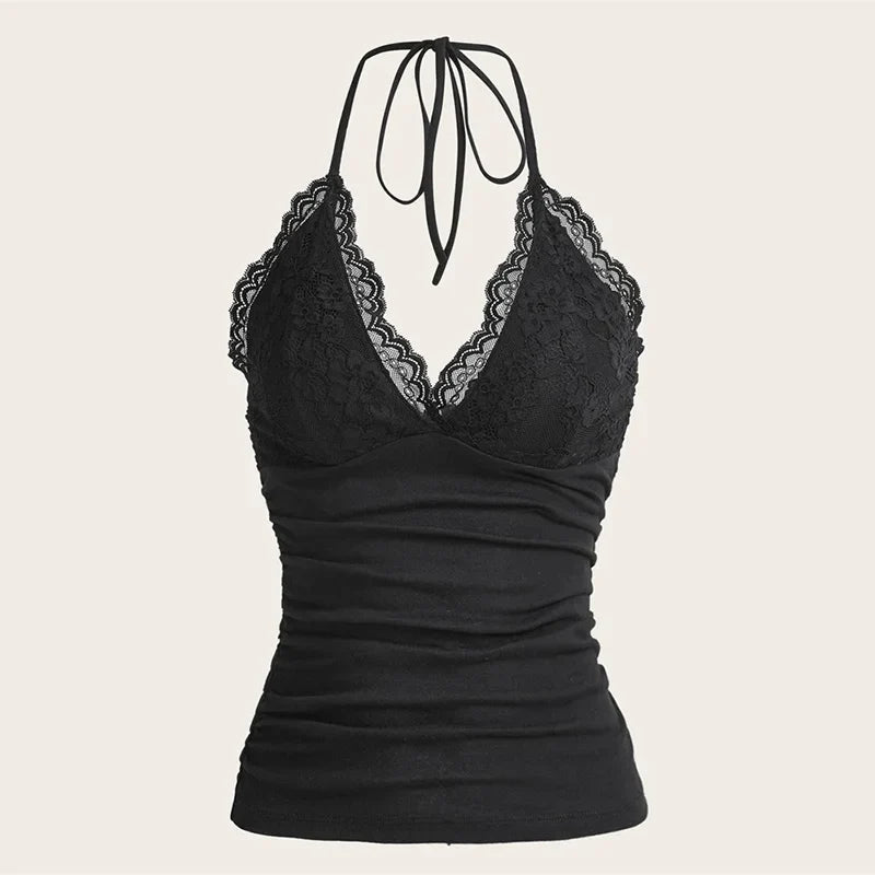 TAMBREET Goth Grunge Punk Black Lace Patchwork Halter Top Women Summer Solid Ruched Backless Sleeveless Tank Top Streetwear Y2K Clothes